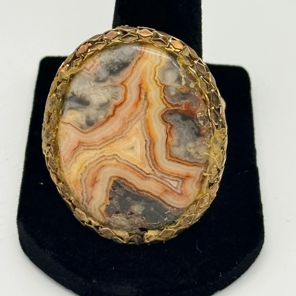 Vintage Banded Agate Adjustable Statement Ring Oval Natural Stone Boho Artisan